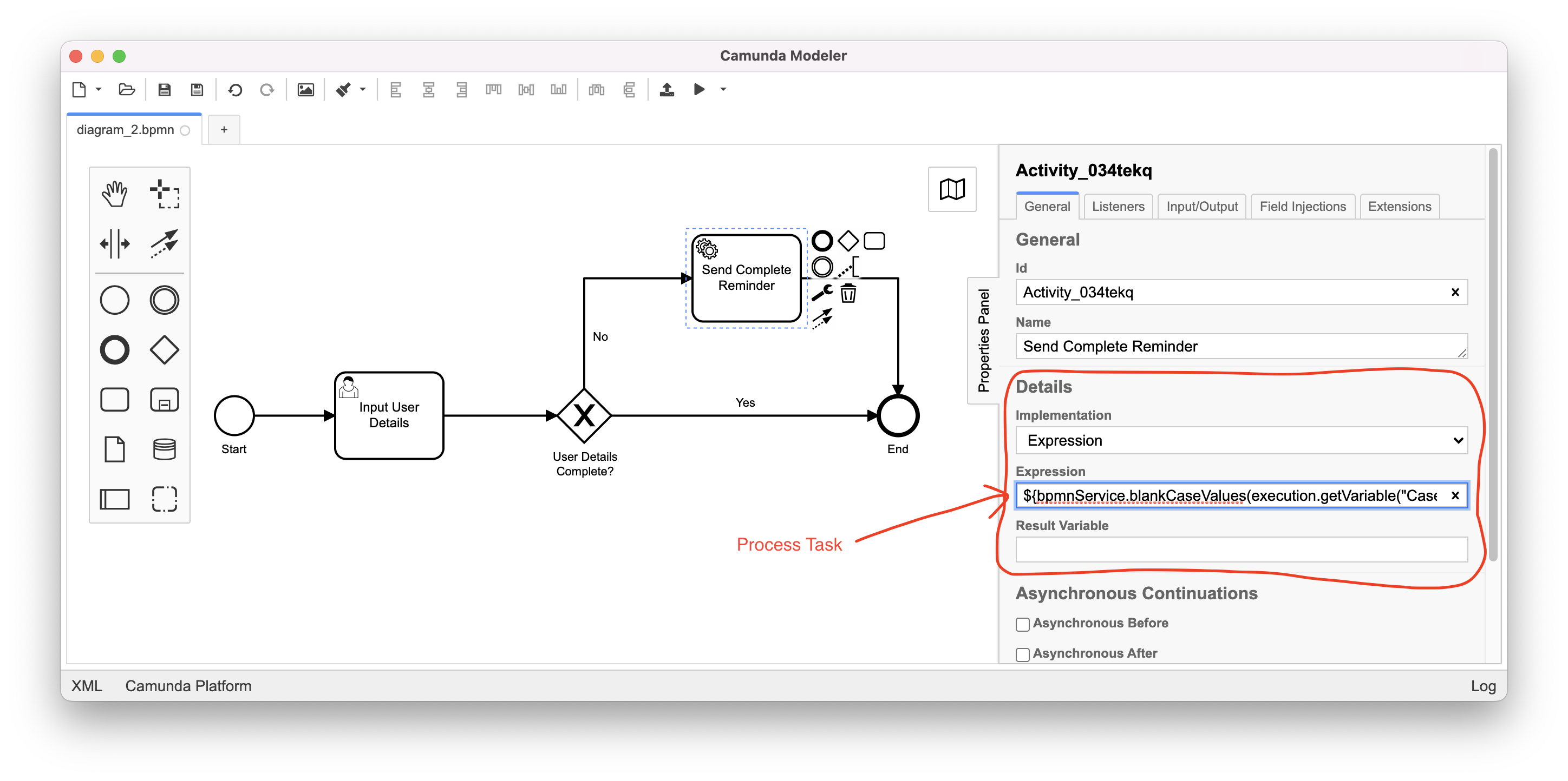 A screenshot of Camunda Modeler showing service task configuration