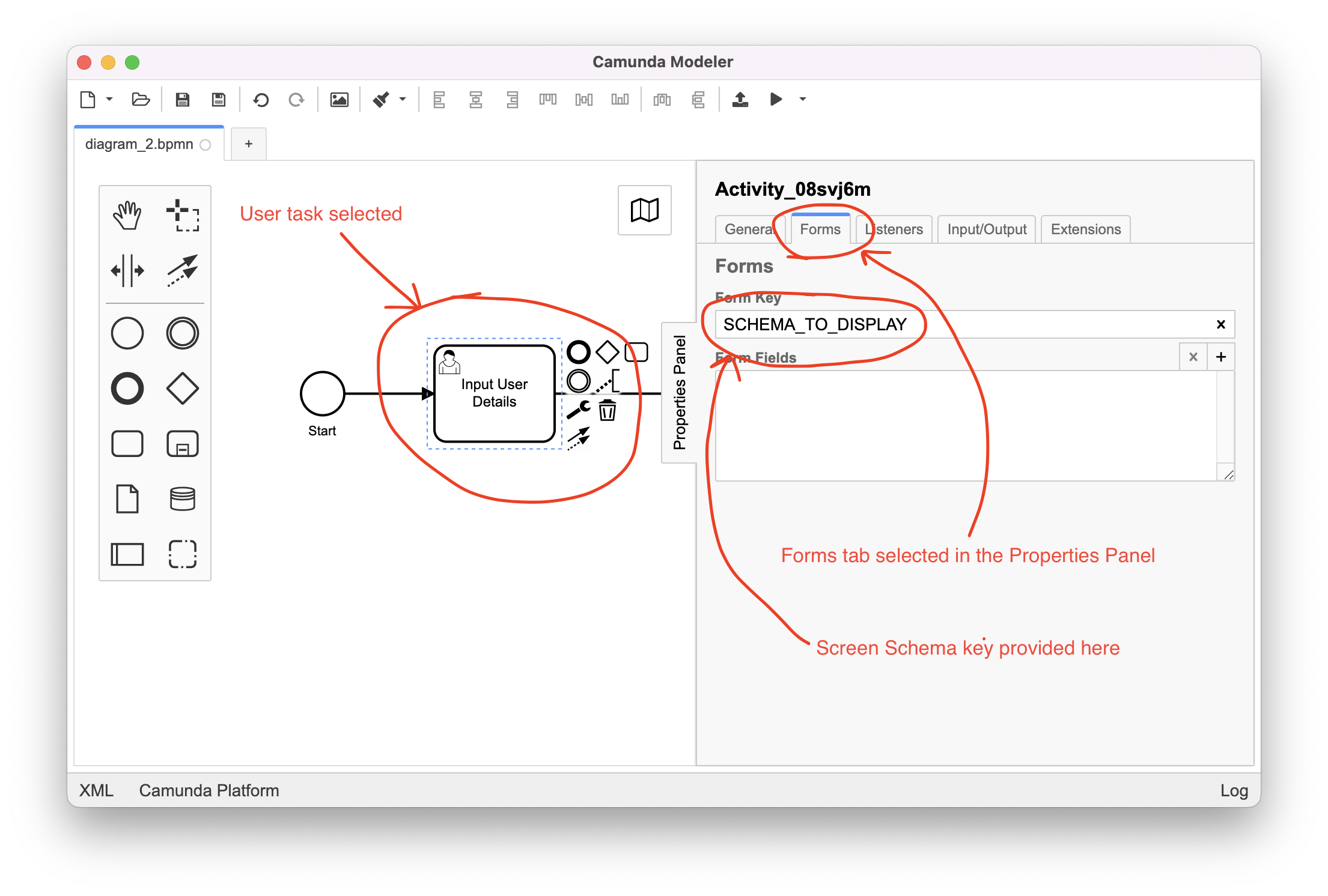 A screenshot of Camunda Modeler showing a User Task and schema defintion