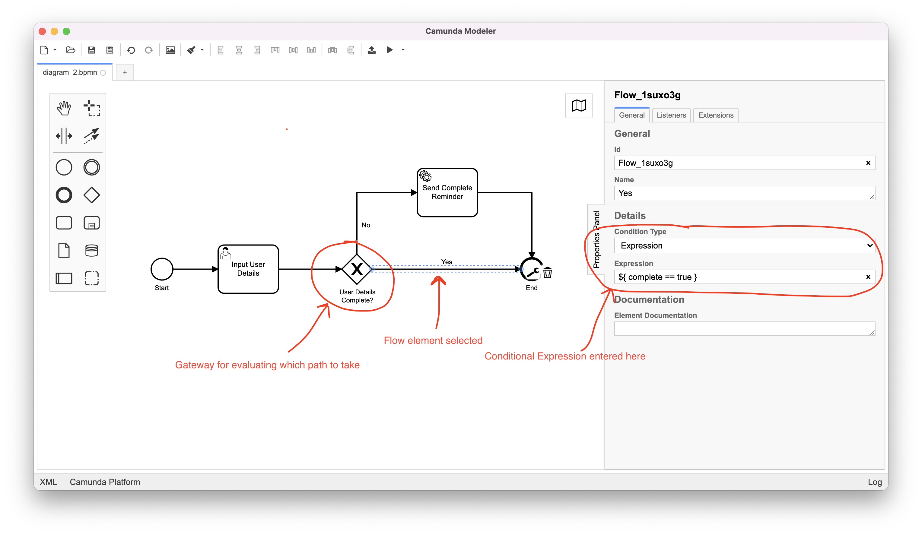 A screenshot of Camunda Modeler showing a gateway in a workflow